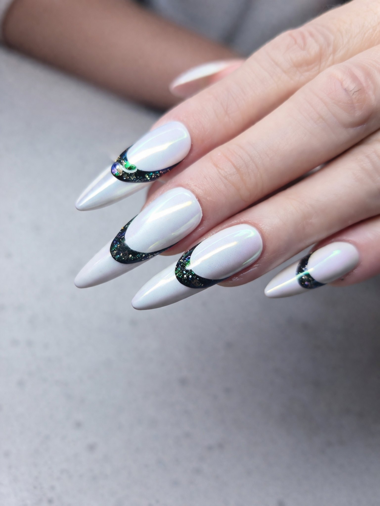 Opal crescent linework nails